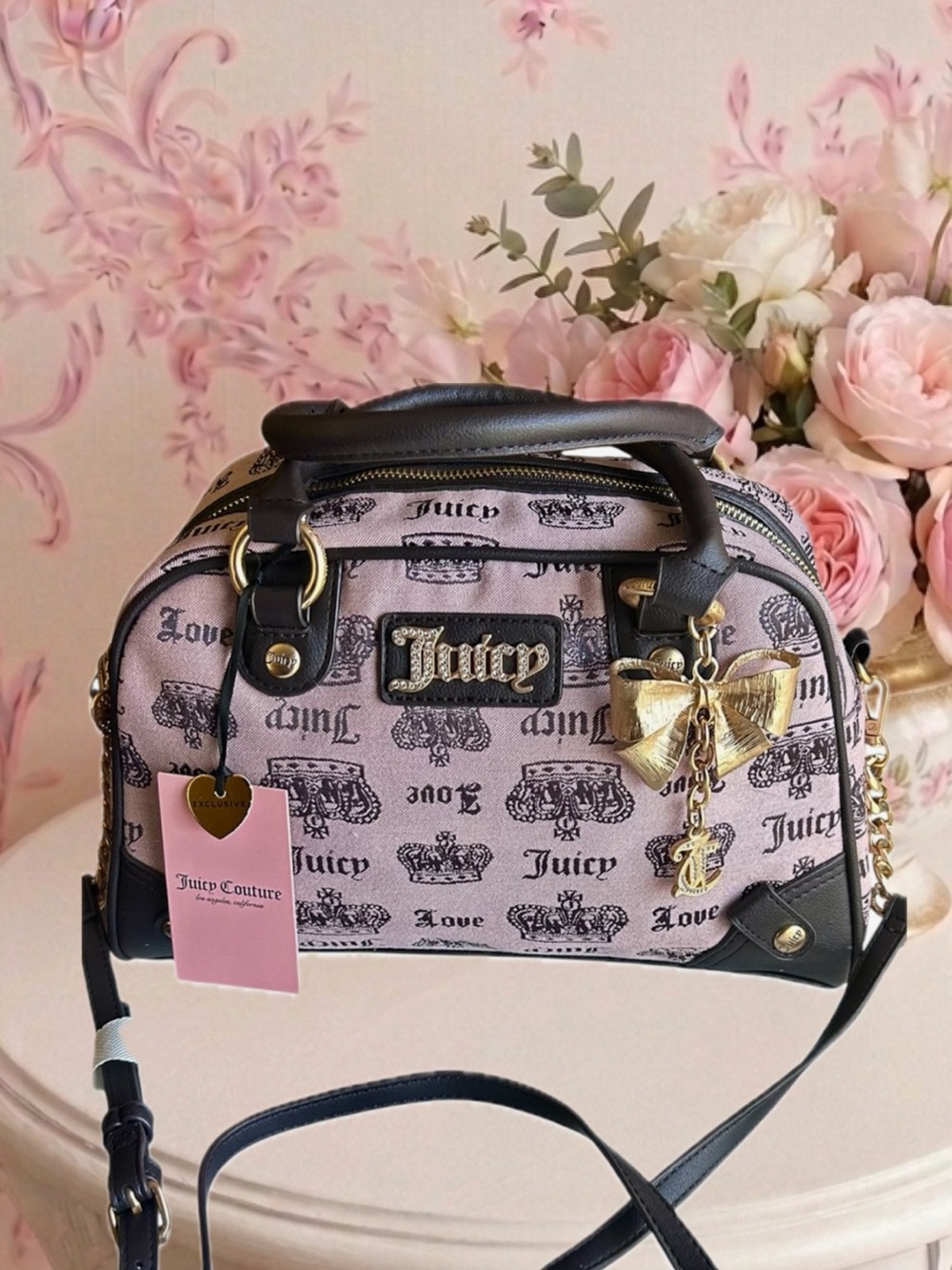 NWT Juicy Couture Pink Crown Print Satchel Crossbody Handbag Bow Charm Y2K